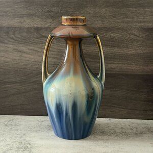 c. 1890 Gustave de Bruyn Five Lille French Art Nouveau Blue Drip Glaze Vase 10"